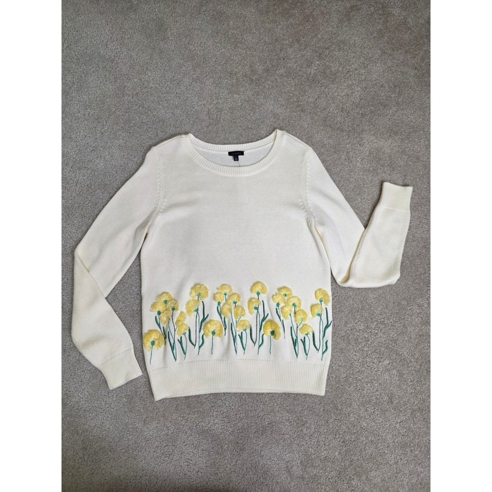 Talbots Womens Cream Yellow Floral 3D Tufted Cotton Sweater Small NWT - Picture 2 of 5